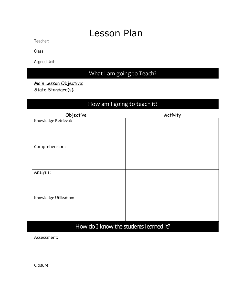 Lesson Plan Template - Black and White Download Printable PDF ...