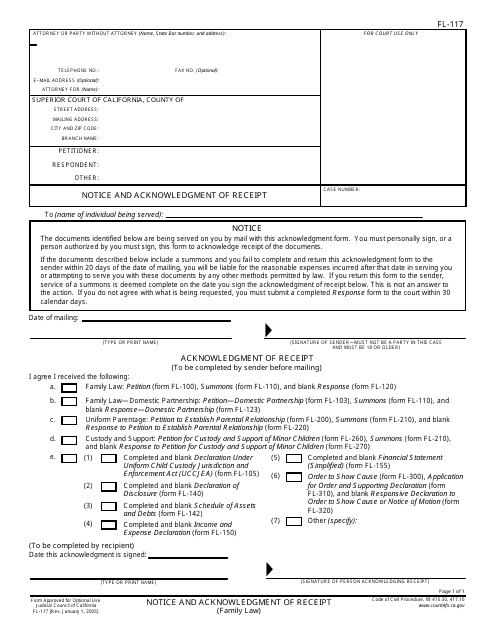 Form FL117 Notice and Acknowledgment of Receipt - California