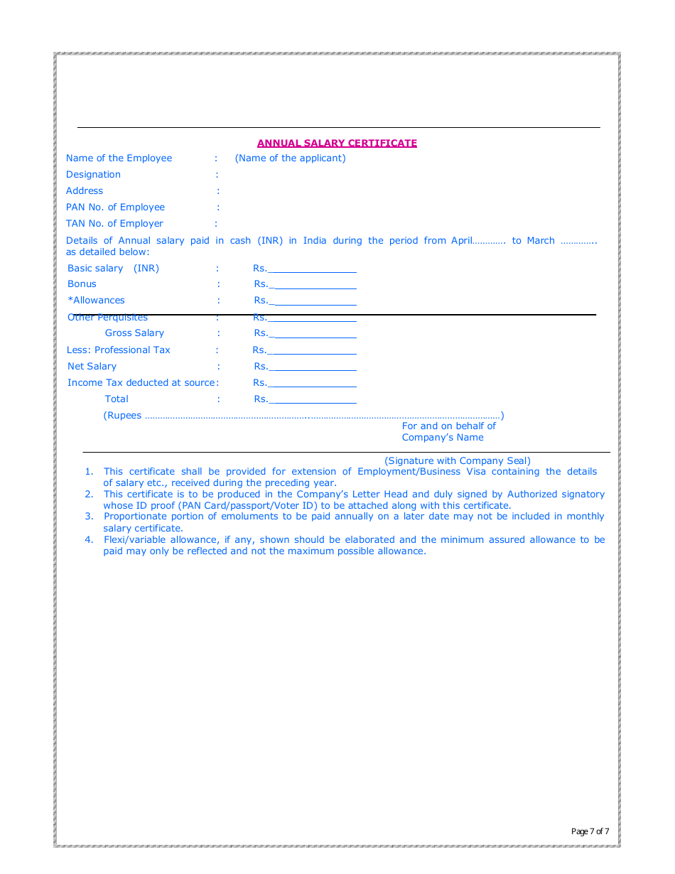 Annual Salary Certificate Form, Page 1