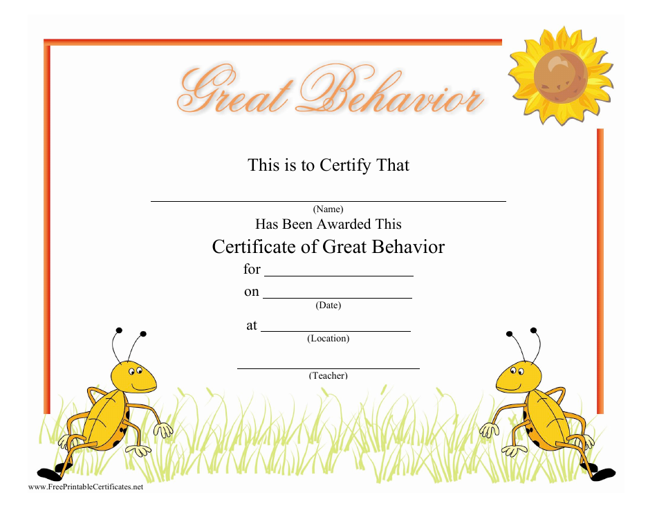 Great Behavior Certificate Template with an Adorable Ant Illustration