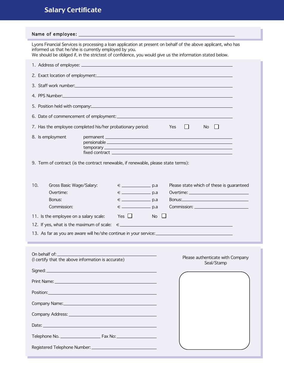 Salary Certificate Form, Page 1