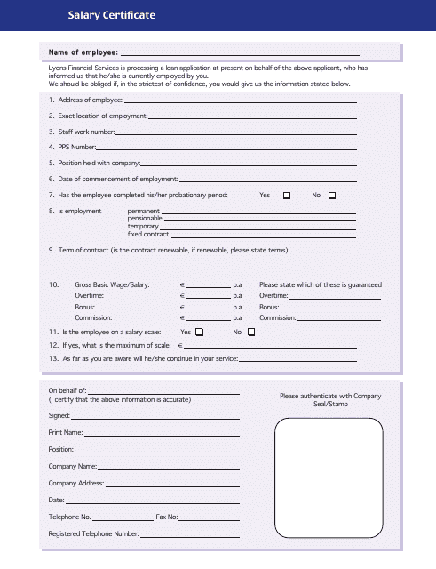 Salary Certificate Form