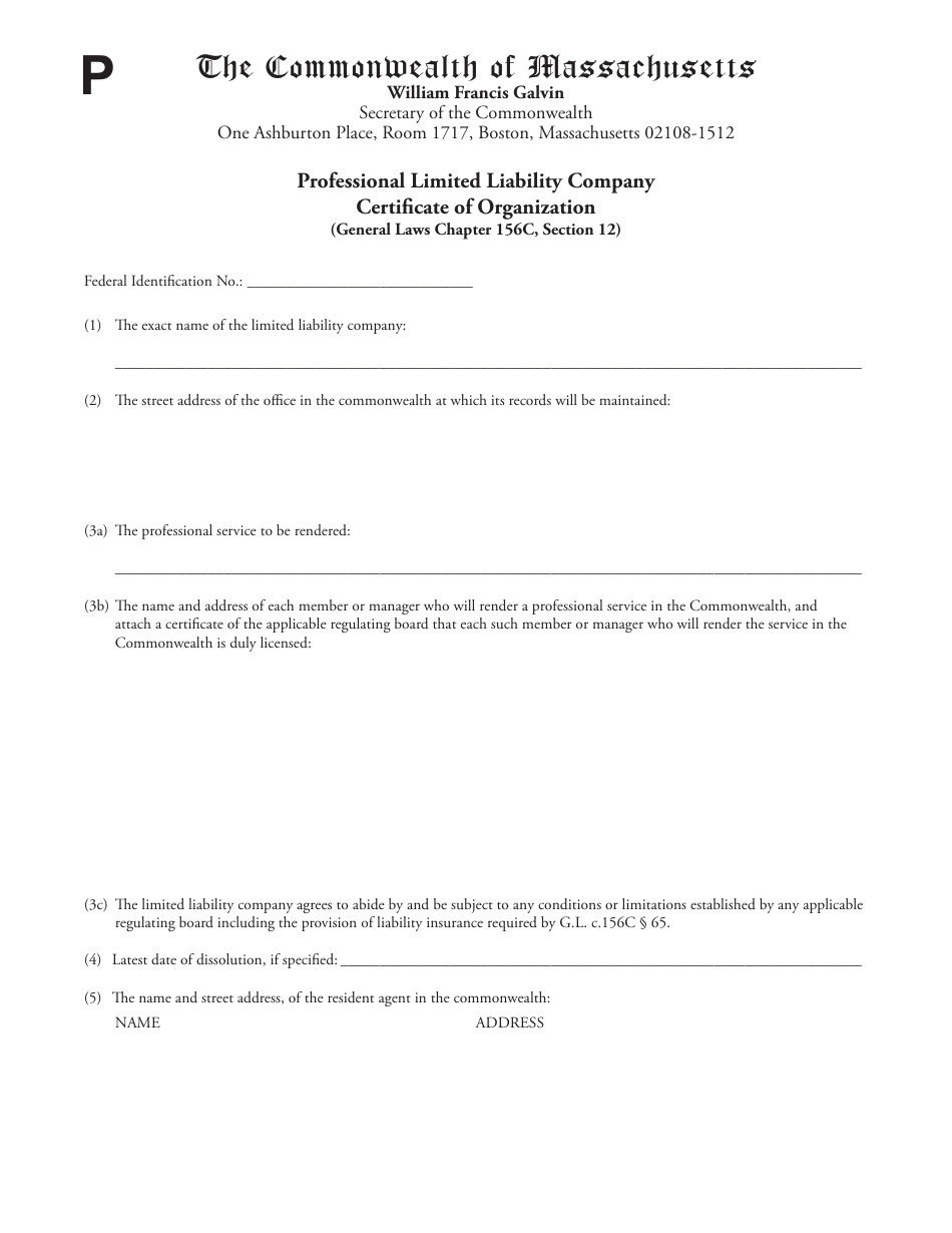 Professional Limited Liability Company Certificate Form of Organization - Massachusetts, Page 1