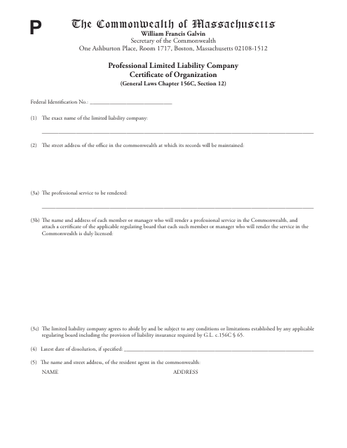 Professional Limited Liability Company Certificate Form of Organization - Massachusetts