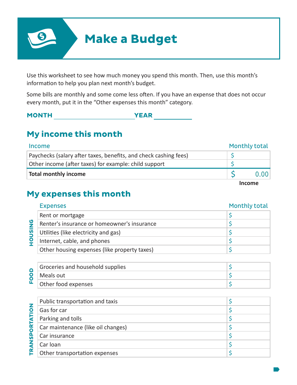 Monthly Budget Worksheet Template, Page 1