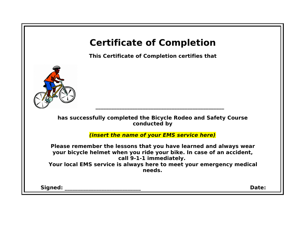 Certificate of Completion Template for Cyclist