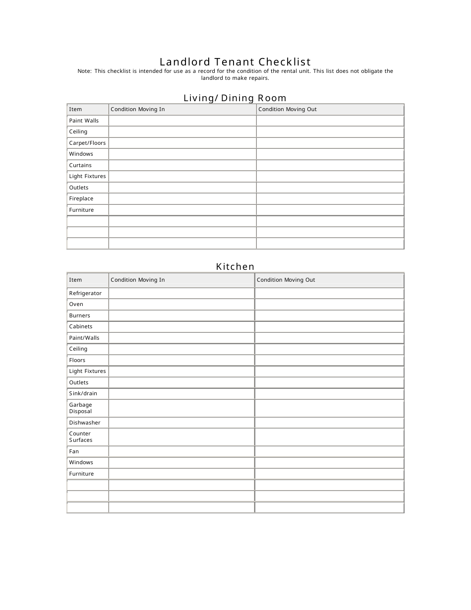 Landlord Tenant Checklist Form, Page 1