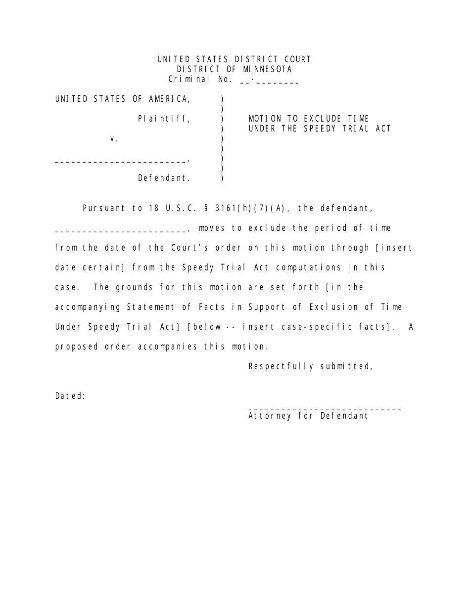 Motion to Exclude Time Under the Speedy Trial Act - Minnesota, Page 1
