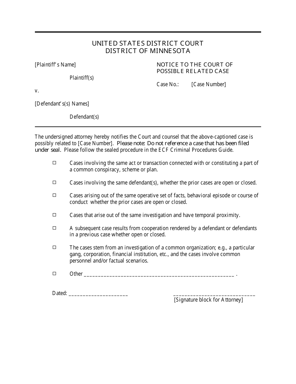 Notice to the Court of Possible Related Case - Minnesota, Page 1