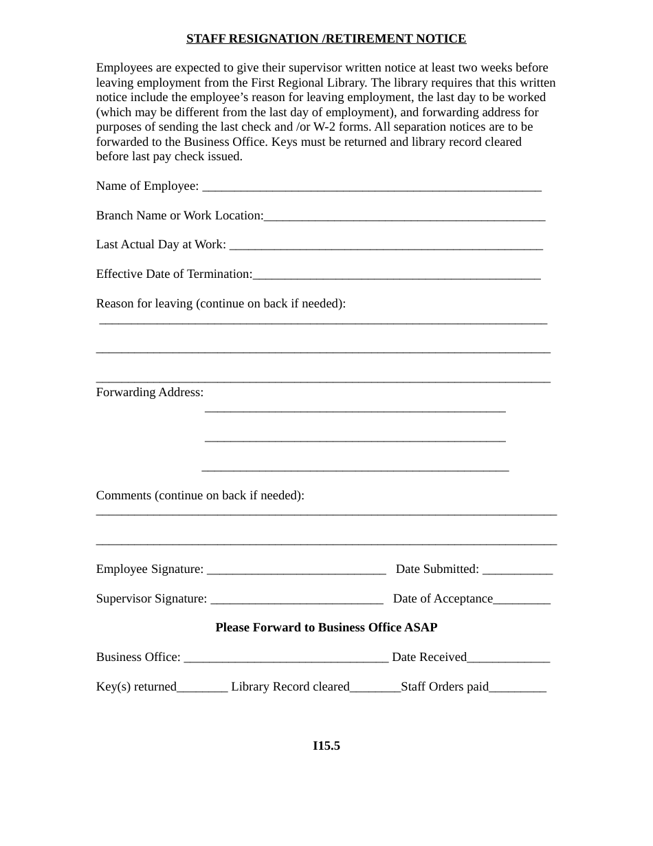 Staff Resignation / Retirement Notice Form - First Regional Library, Page 1