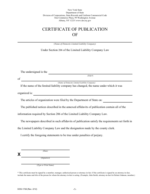 Form DOS-1708 Certificate of Publication - New York