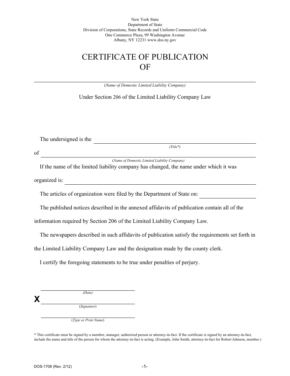 Form DOS-1708 Download Fillable PDF or Fill Online Certificate of Publication New York Templateroller