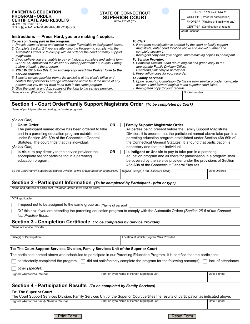 Form JD-FM-149 Parenting Education Program - Order, Certificate and Results - Connecticut, Page 1