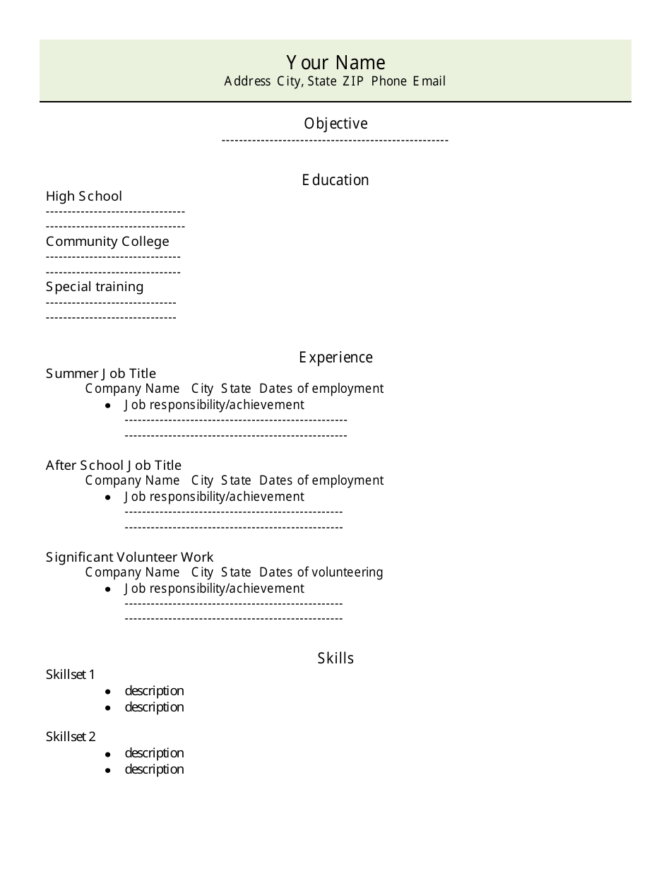 printable resume template for high school students