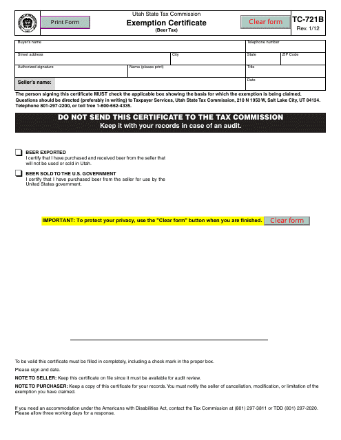 Form TC-721B Exemption Certificate (Beer Tax) - Utah