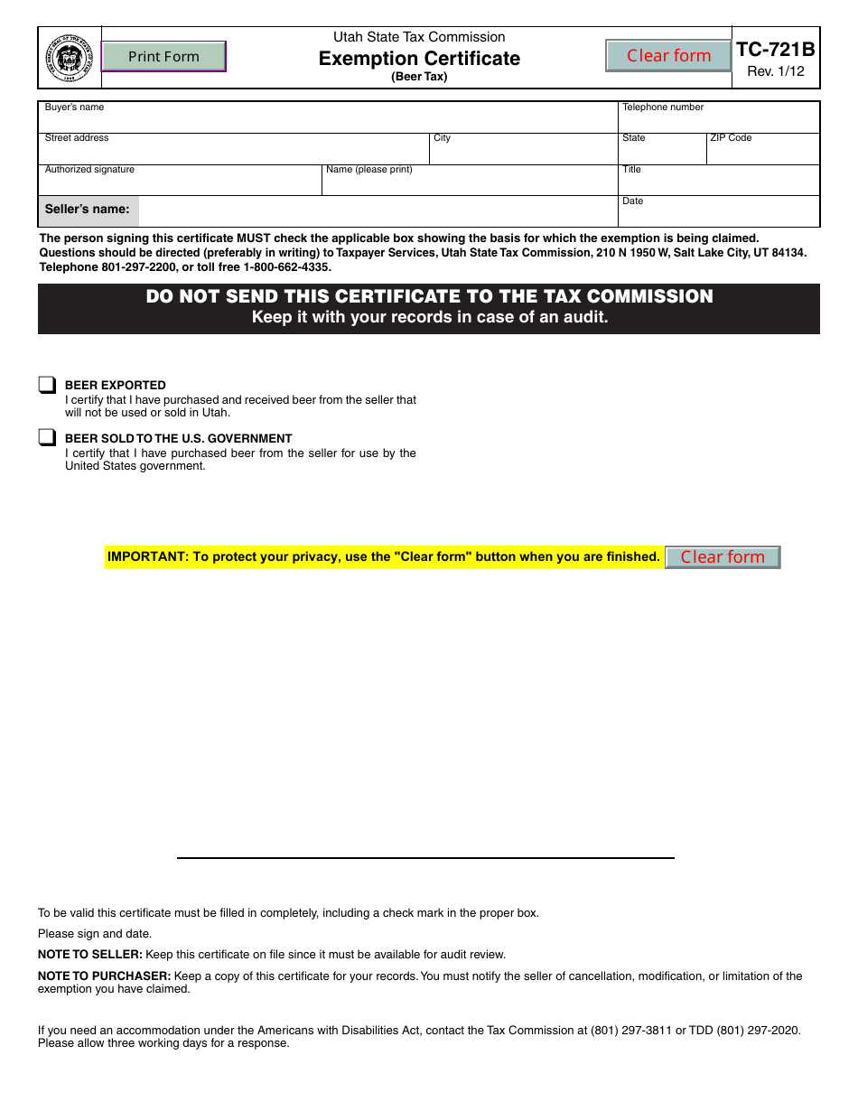 Form TC721B Fill Out, Sign Online and Download Fillable PDF, Utah