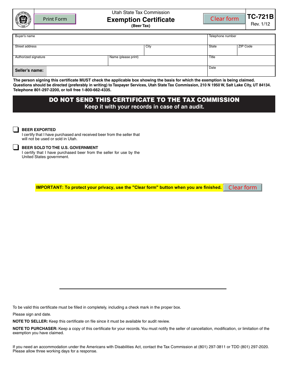 Form TC-721B Exemption Certificate (Beer Tax) - Utah, Page 1