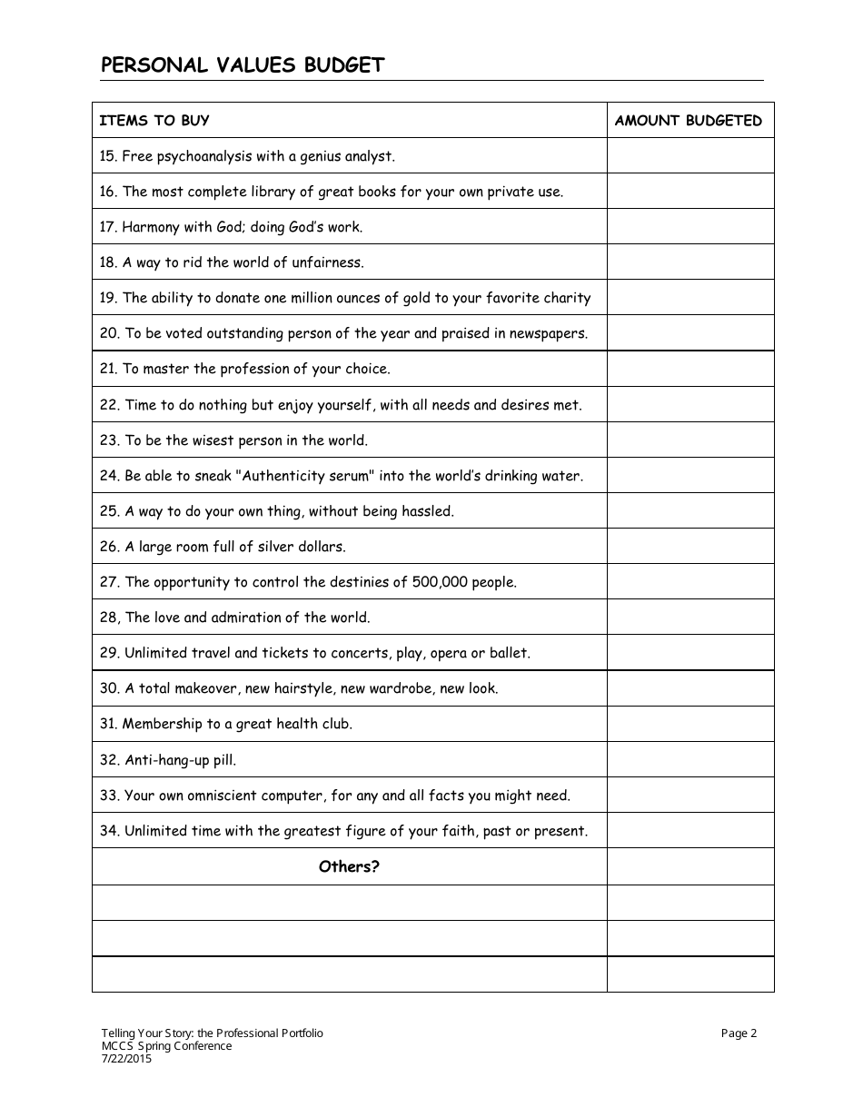 Personal Values Budget Template - Molecular and Cellular Cognition Society, Page 2
