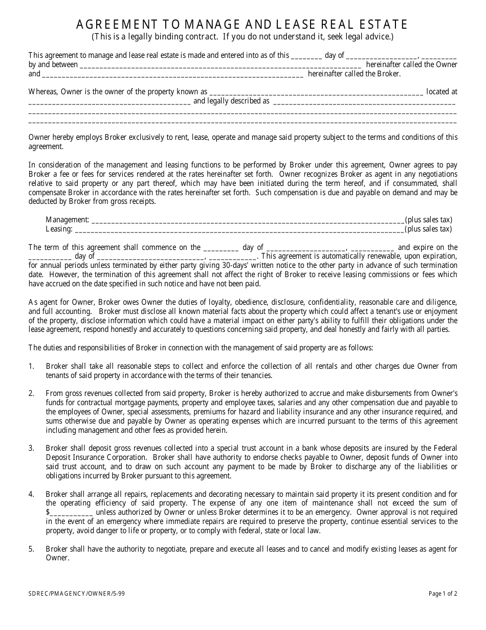 Agreement to Manage and Lease Real Estate, Page 1