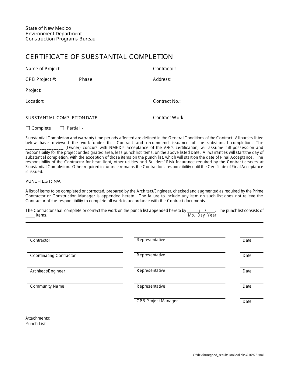Certificate of Substantial Completion Form - New Mexico, Page 1