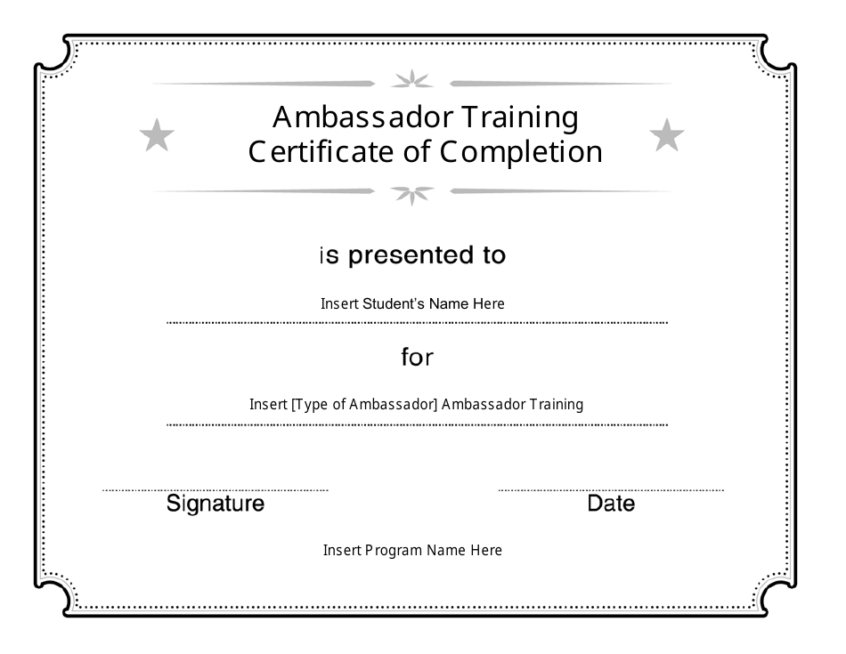 Ambassador Training Certificate of Completion Template Preview