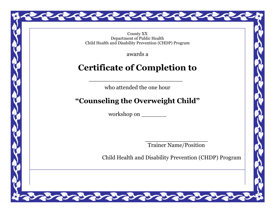 Completion Certificate Template - Child Health and Disability Prevention (Chdp) Program - California, Page 1