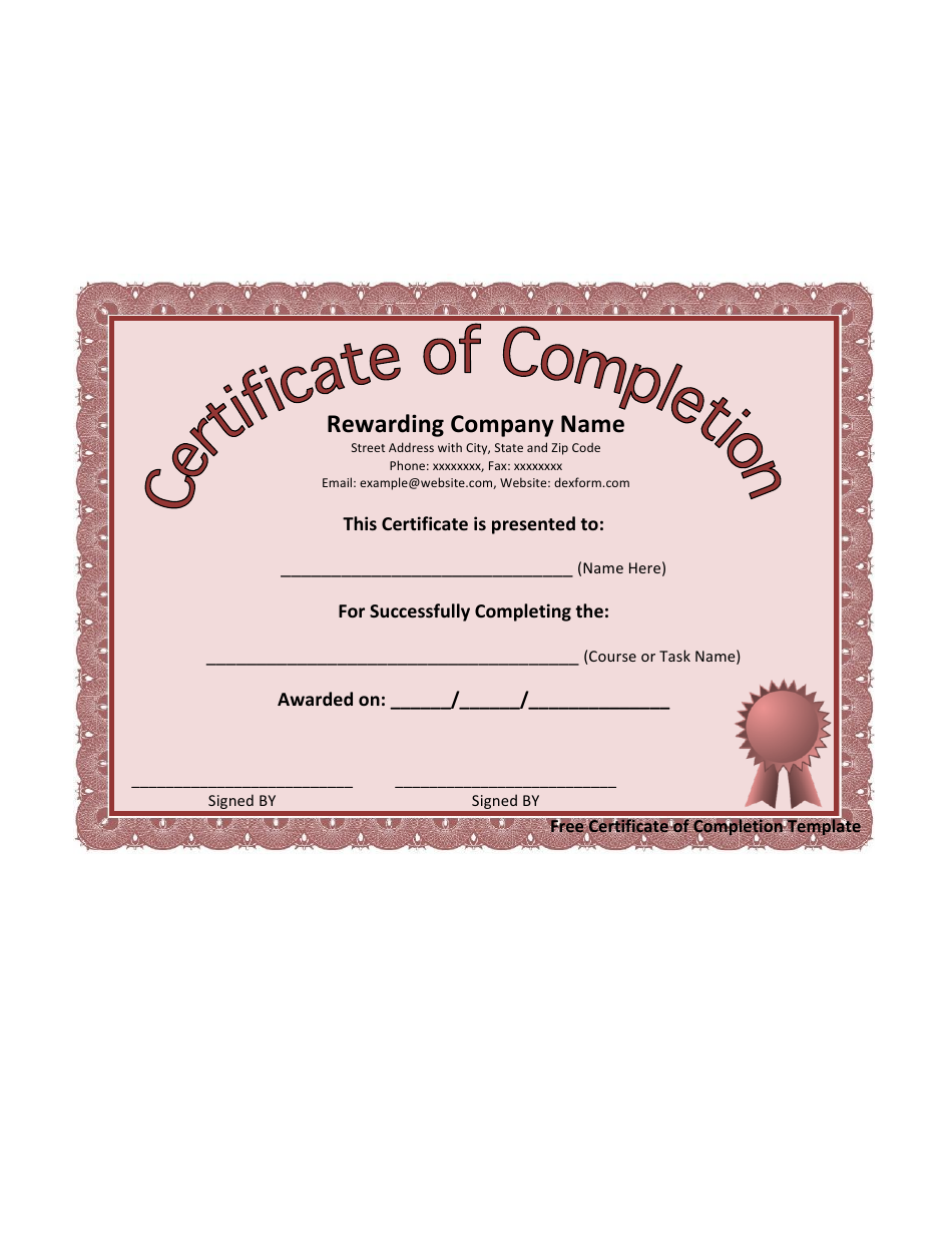 Pink Certificate of Completion Template, Page 1