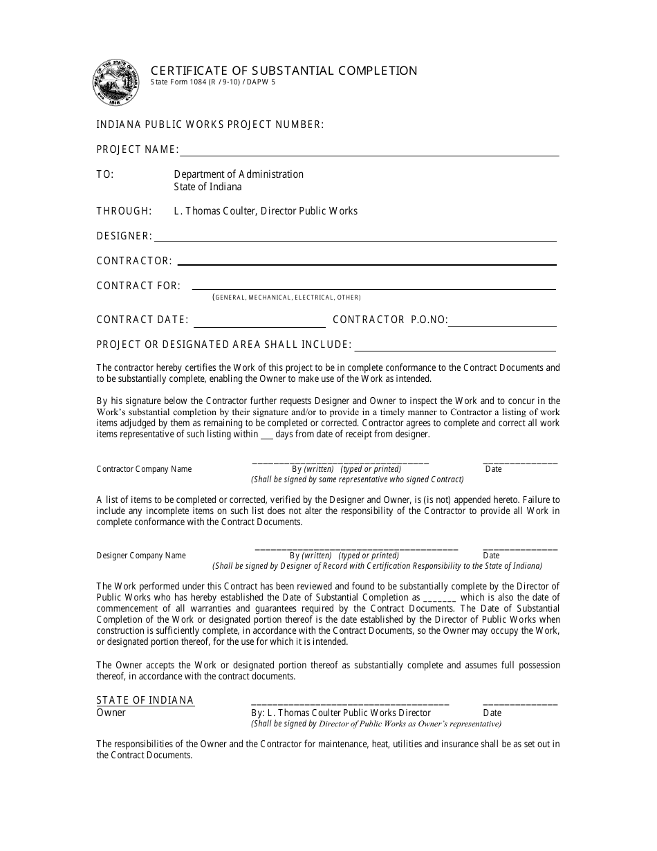 State Form 1084 Certificate of Substantial Completion - Indiana, Page 1