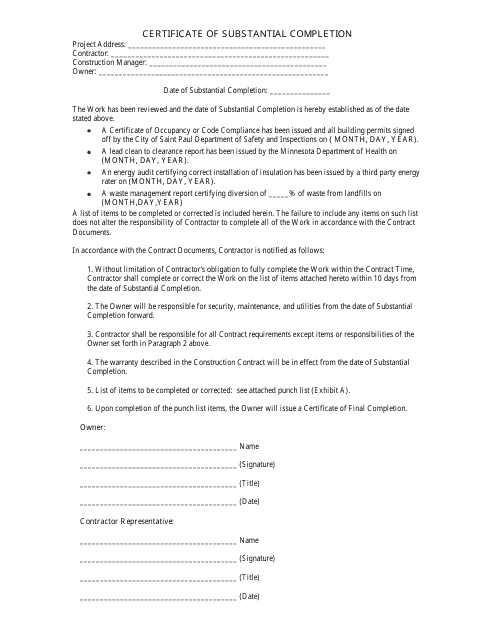 Sample Certificate of Substantial Completion Form - City of Saint Paul, Minnesota Download Pdf
