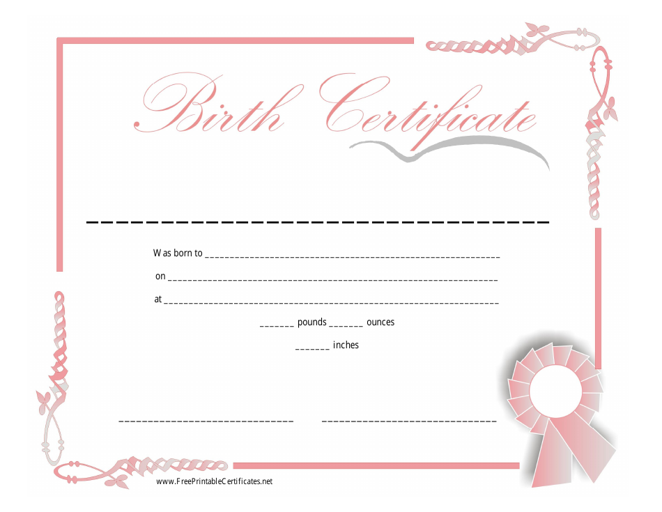 Birth Certificate Template with Pink Frame
