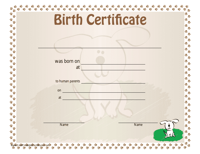 Dog Birth Certificate Template - Footprints
