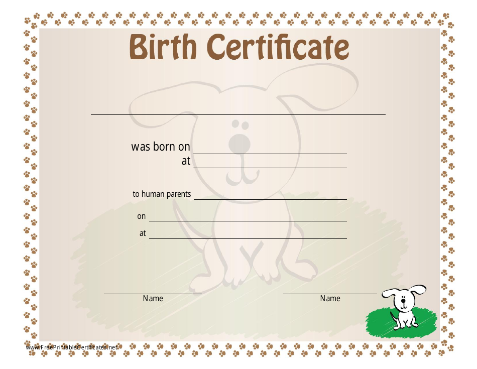 Dog Footprints Birth Certificate Template Preview