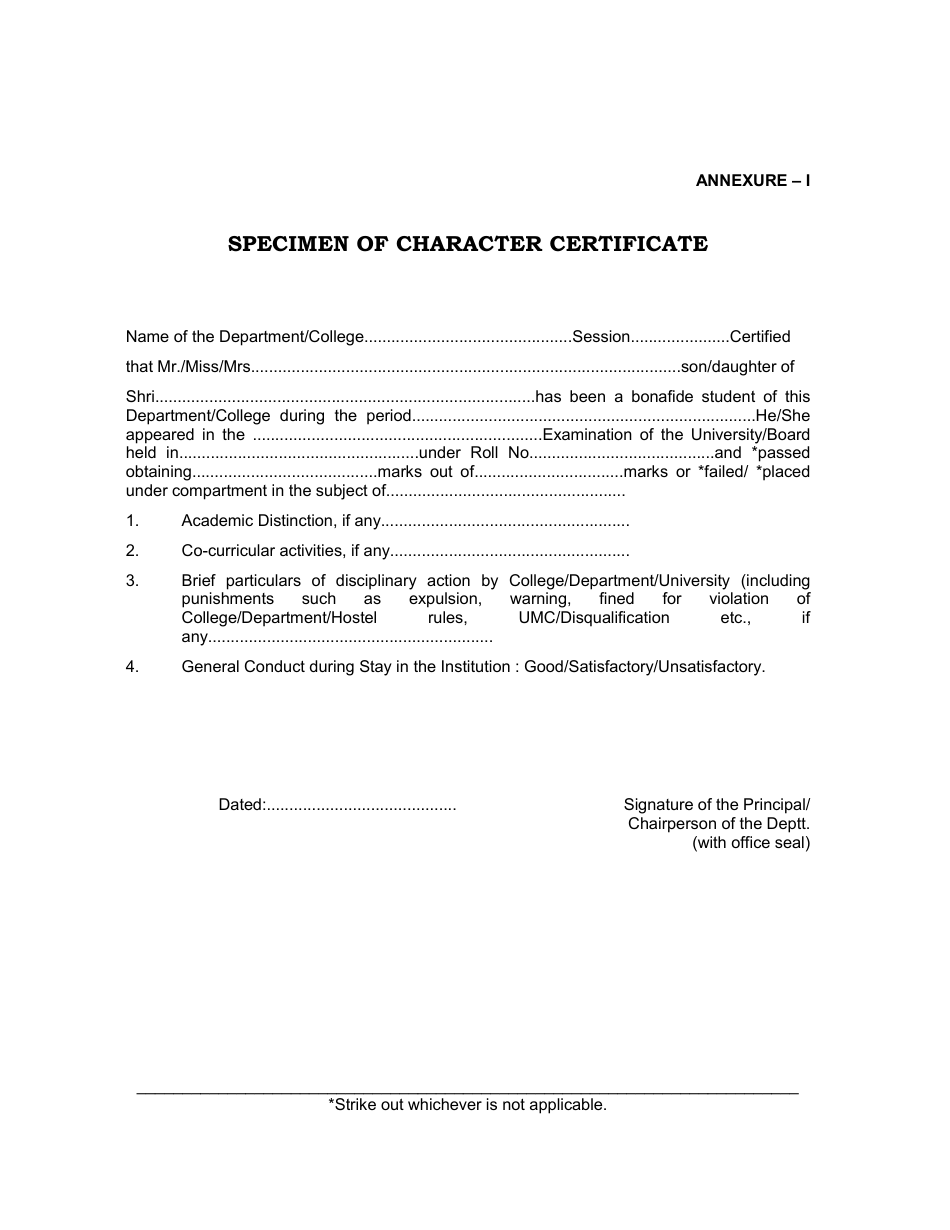 Character Certificate Template - Specimen Preview