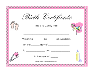 Document preview: Pink Birth Certificate Template