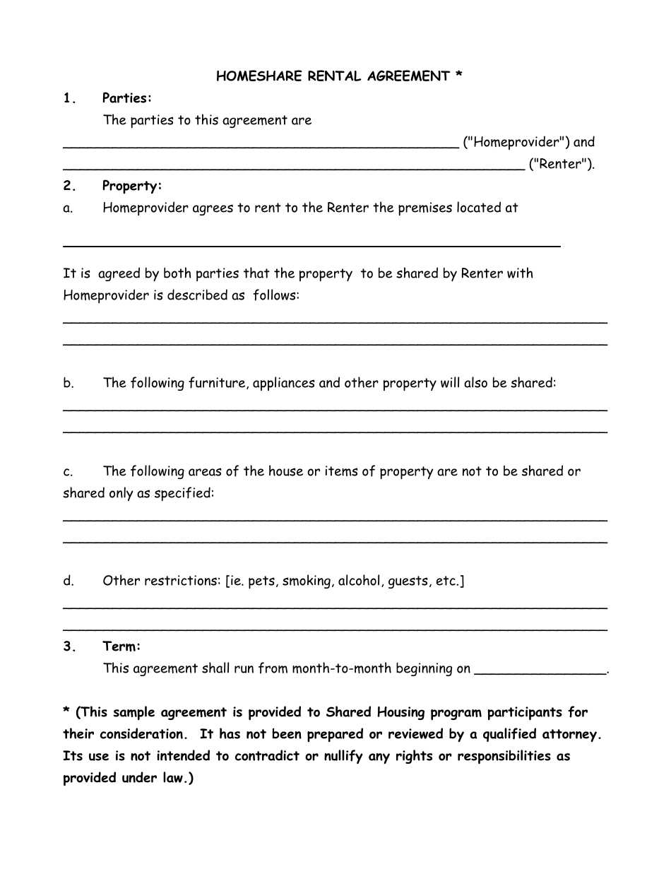 Homeshare Rental Agreement Template, Page 1