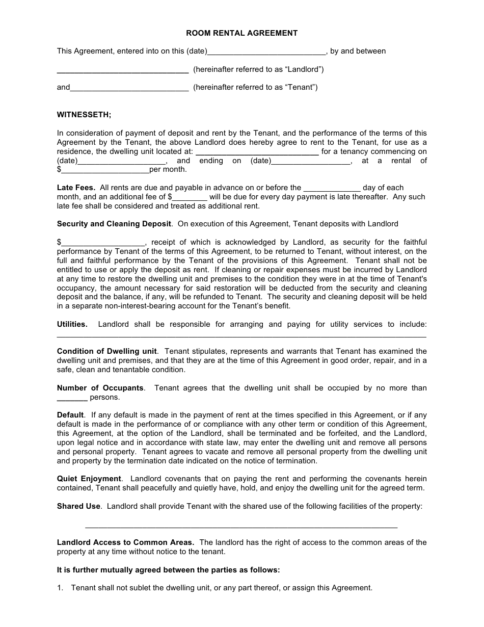 Room Rental Agreement Template - Lines, Page 1