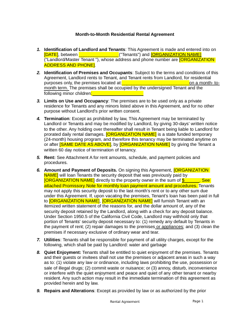 California Month To Month Residential Rental Agreement Template Fill 