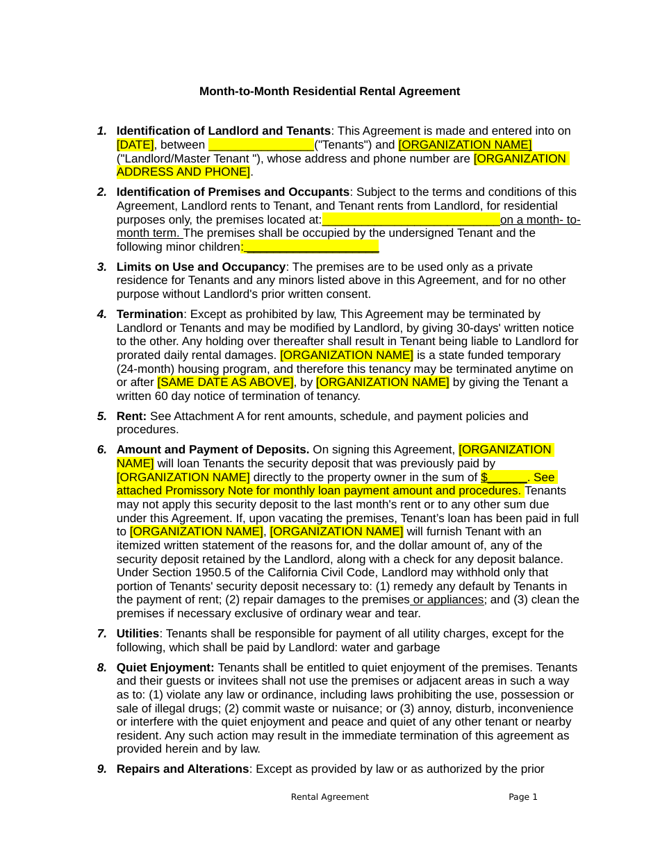 Month-To-Month Residential Rental Agreement Template - California, Page 1