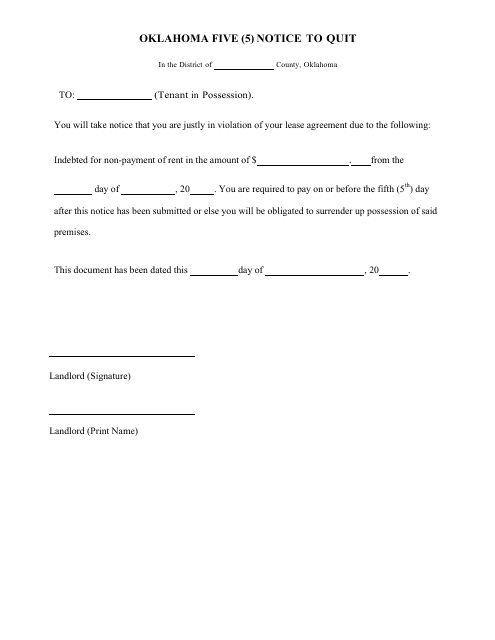 &quot;5 Day Notice to Quit Form&quot; - Oklahoma Download Pdf