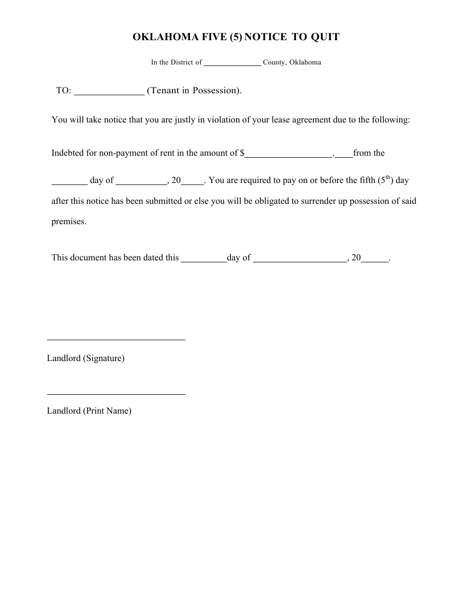 5 Day Notice to Quit Form - Oklahoma, Page 1
