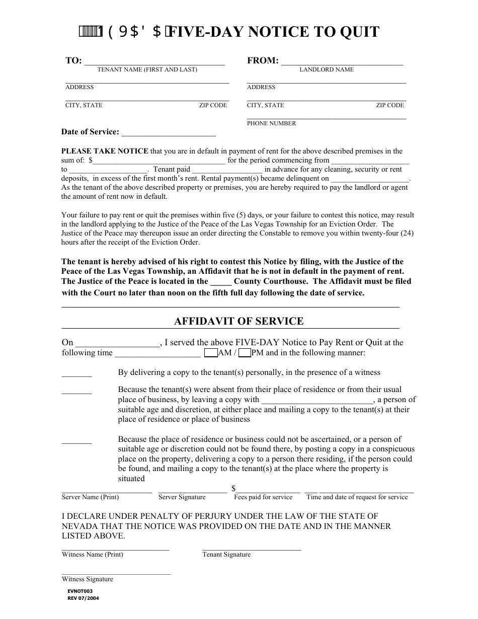 Five-Day Notice to Quit Form - Las Vegas Township, Nevada, Page 1