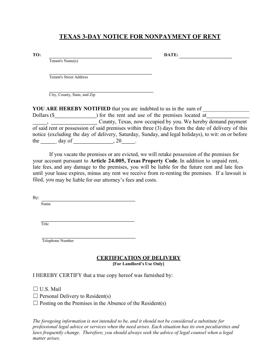 Texas 3-day Notice for Nonpayment of Rent Form - Texas, Page 1