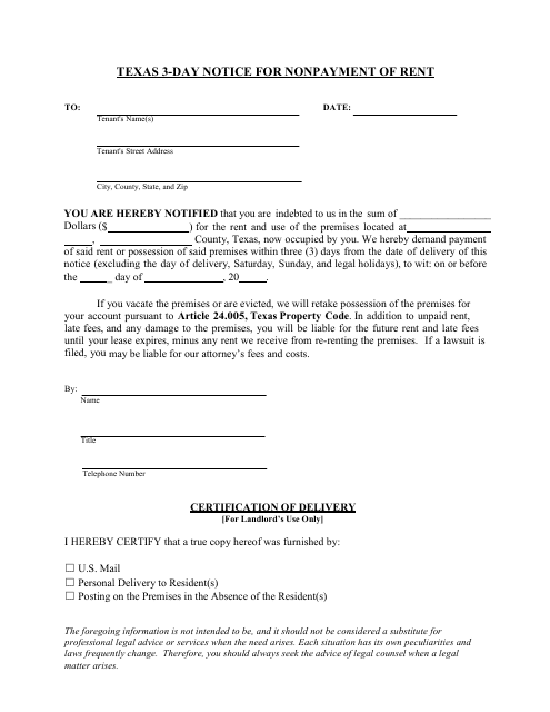 &quot;Texas 3-day Notice for Nonpayment of Rent Form&quot; - Texas Download Pdf