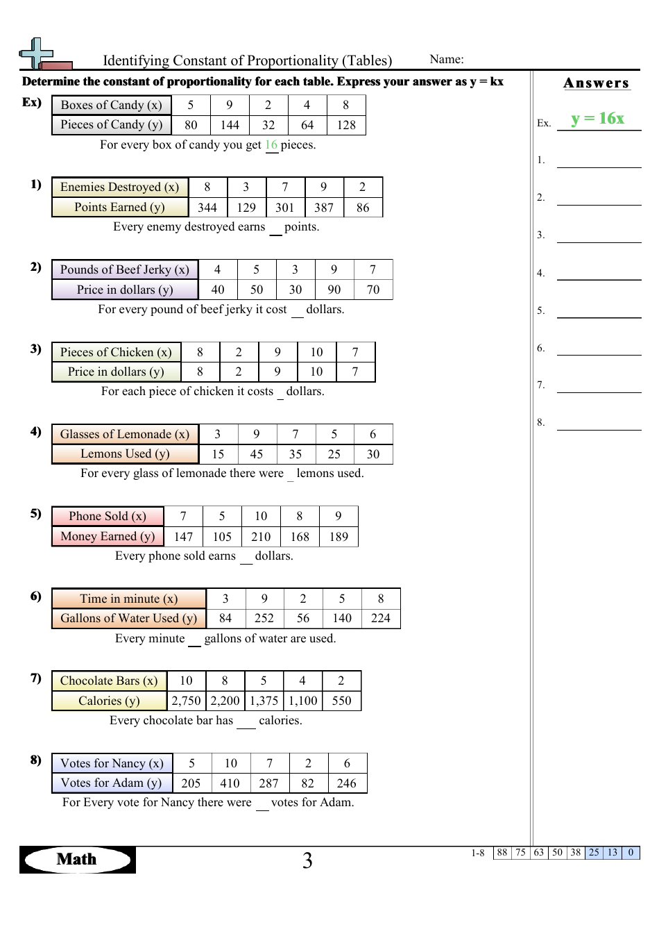Identifying Constant of Proportionality Worksheet With Answer Key - Preview