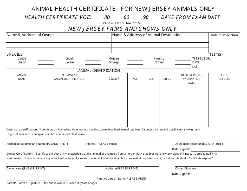Animal Health Certificate - for New Jersey Animals Only - New Jersey, Page 1