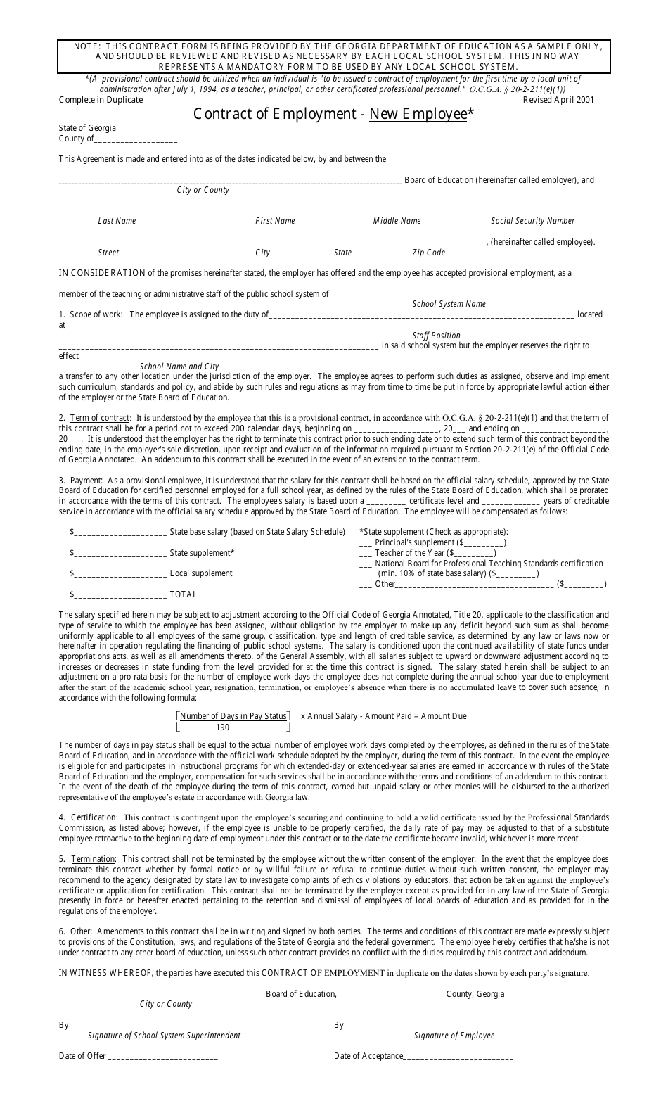 Georgia (United States) Contract of Employment New Employee Fill