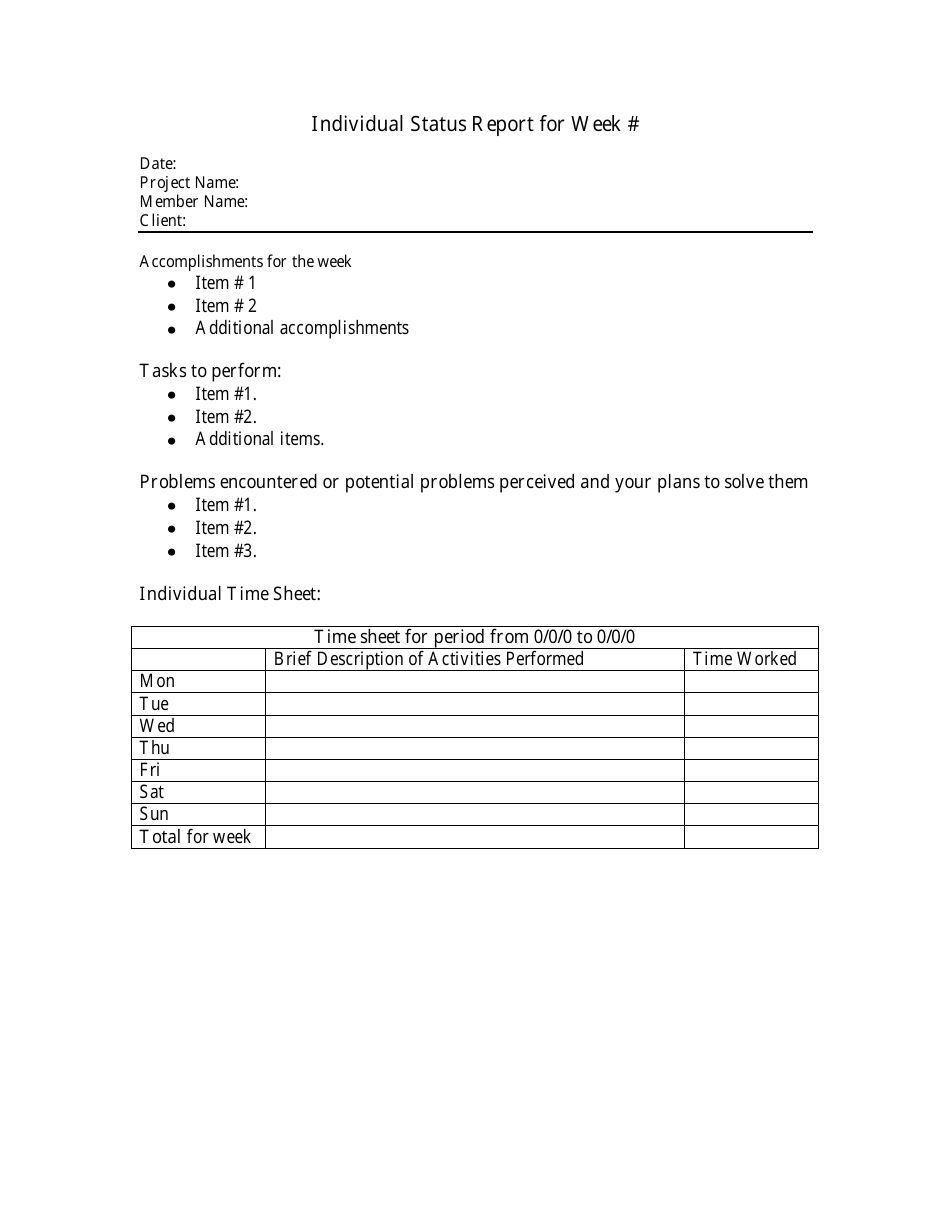 Weekly  Individual Status Report Template Download Printable PDF Intended For  Weekly Accomplishment Report Template