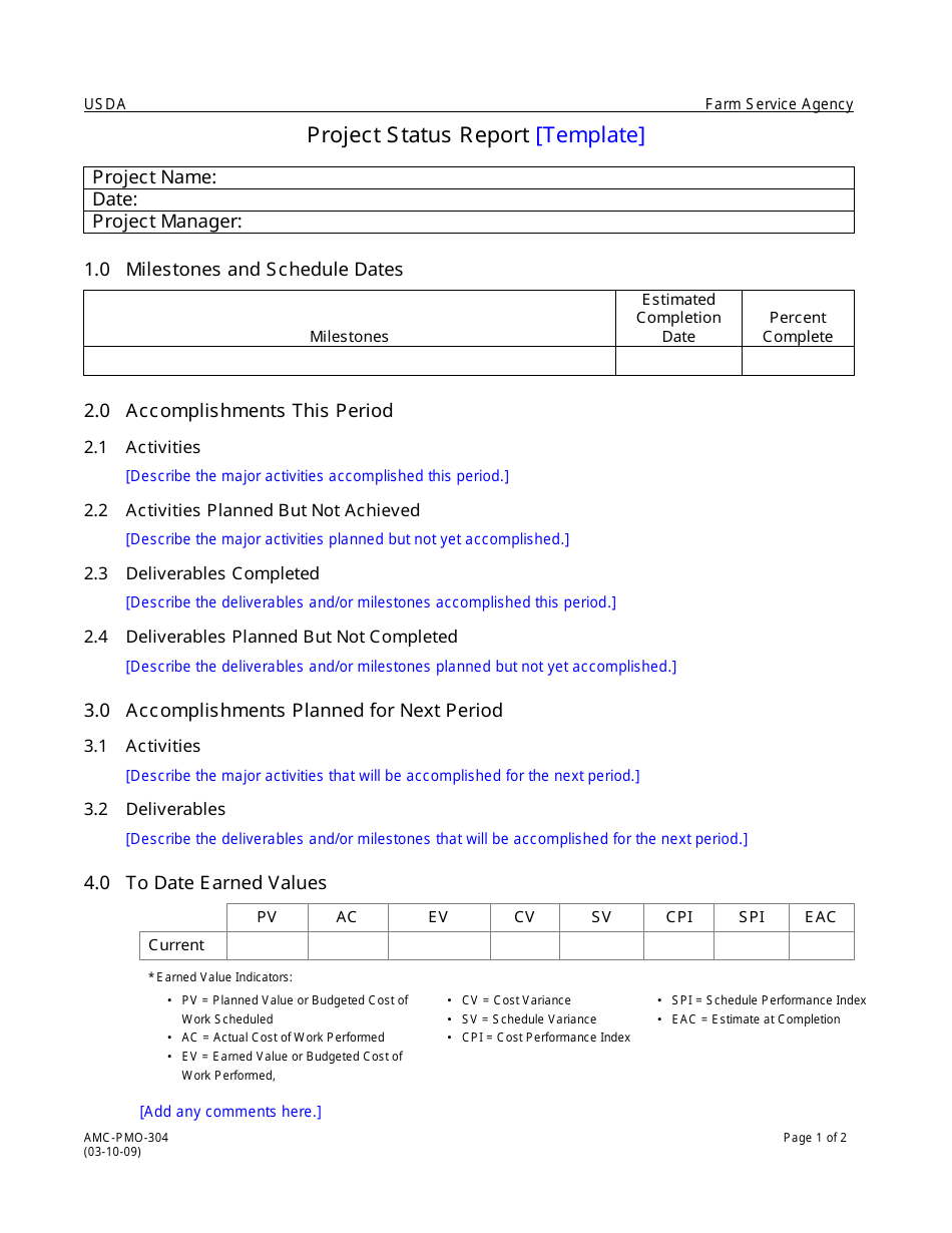 Form AMC-PMO-304 Project Status Report, Page 1