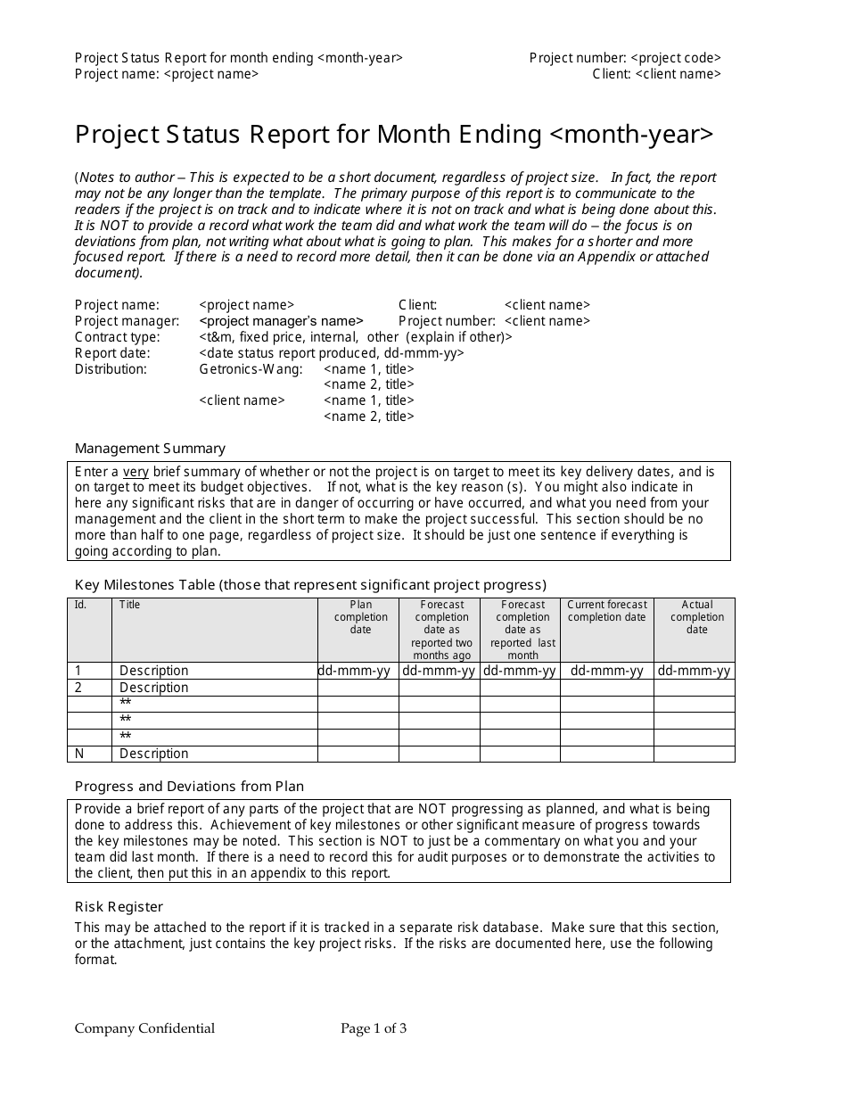 Sample Project Status Report Template - for Month Ending, Page 1