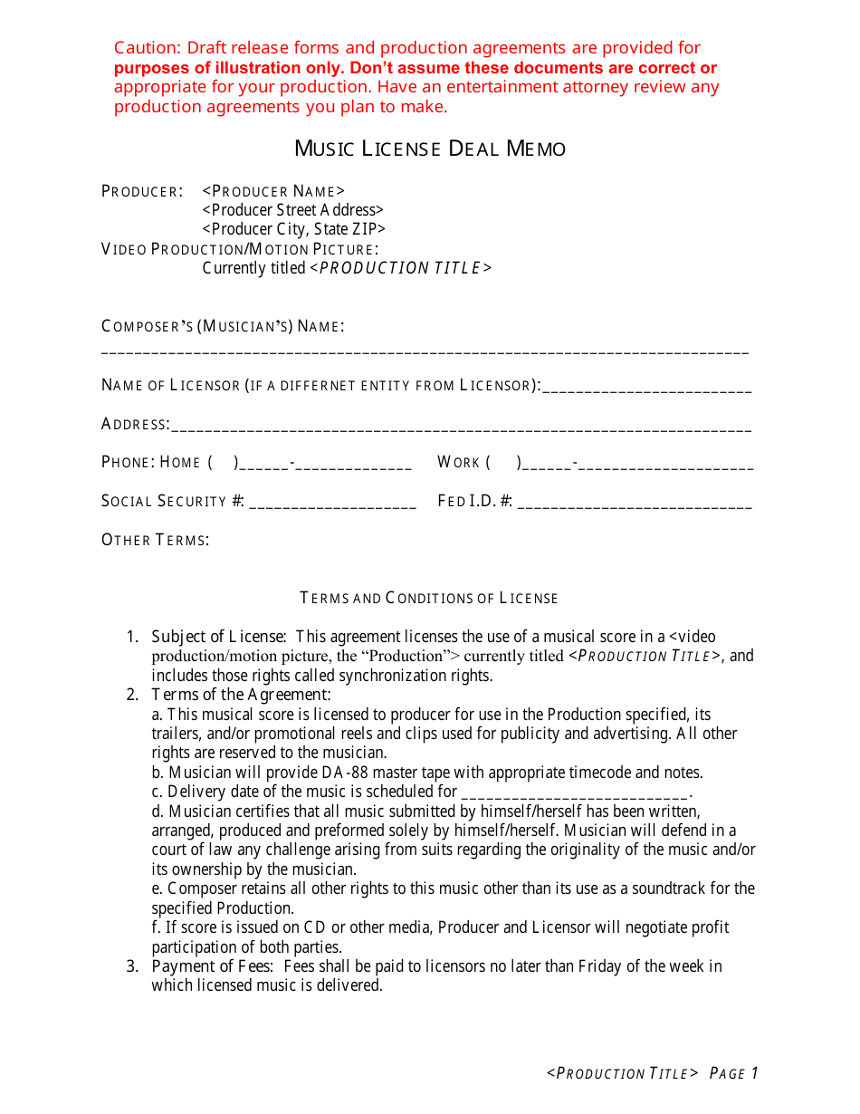Music License Deal Memo Template, Page 1